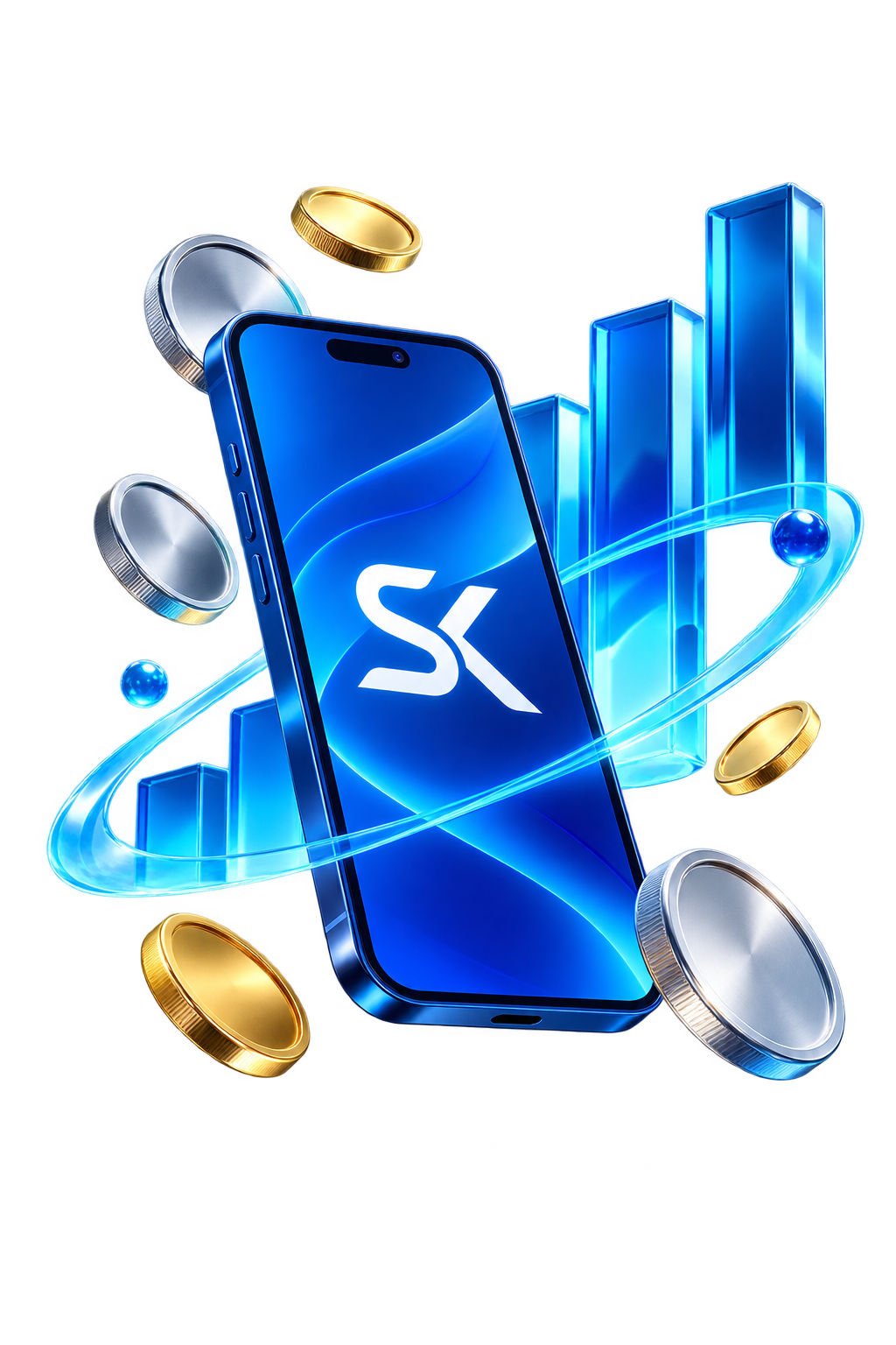 Blue phone with an SK PROFIT emblem, coins and growth bars
